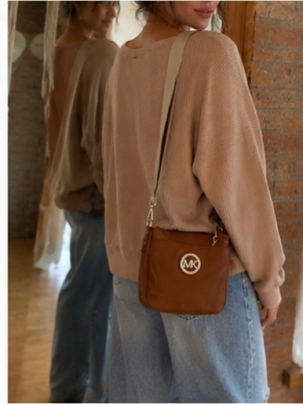 Tan Crossbody Bag with MK Logo